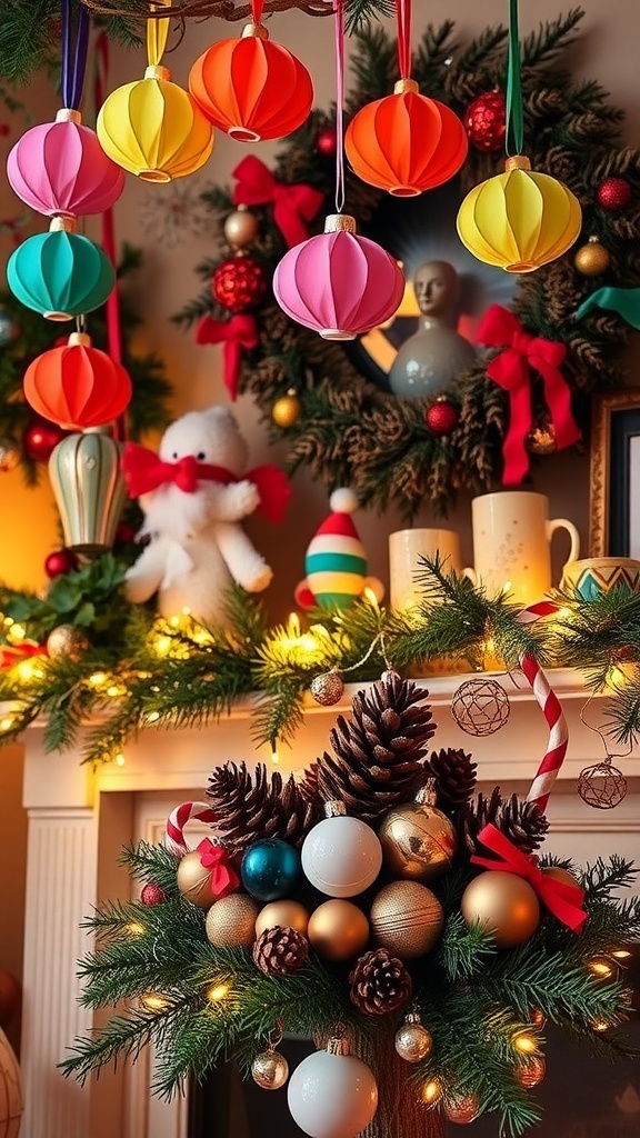 A collection of quirky DIY Christmas decorations including paper ornaments, a garland, and a centerpiece with pinecones.